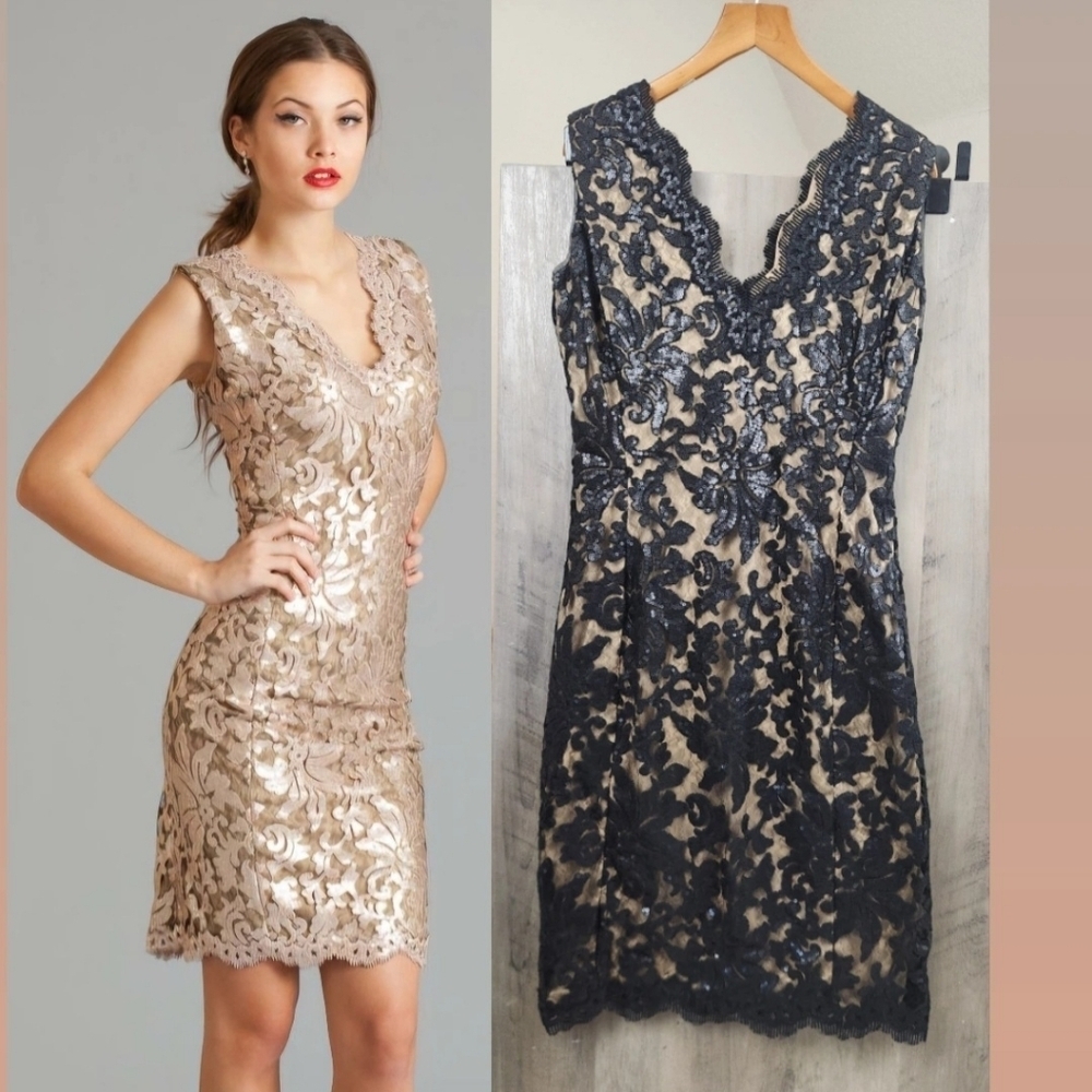 Tadashi Shoji Black Sequin Beaded Sheath V-Neck Dress Black Nude Size 4